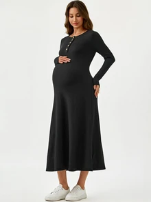 Modmama Maternity Solid Color Button Design Round Neck Long Sleeve Casual Dress Fall - Grey - View 2