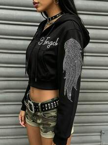 Rovax 女款休閒拉鍊連帽外套，飾有「Angel」字母與翅膀圖案水鑽，百搭街頭風單品 - 彩色 - 查看 4