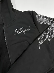 Rovax 女款休閒拉鍊連帽外套，飾有「Angel」字母與翅膀圖案水鑽，百搭街頭風單品 - 彩色 - 查看 3