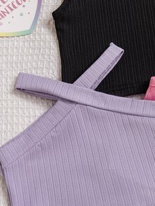 SHEIN Playful Pals 4pcs Baby Girls' Black Light Pink Lake Blue White Dopamine Print Solid Color Tank Top Set, Summer City Break Party Vacation City Break Casual Active - Multicolor - View 5