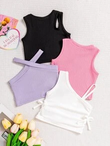 SHEIN Playful Pals 4pcs Baby Girls' Black Light Pink Lake Blue White Dopamine Print Solid Color Tank Top Set, Summer City Break Party Vacation City Break Casual Active - Multicolor - View 2