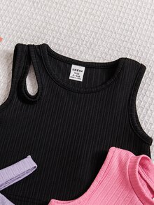 SHEIN Playful Pals 4pcs Baby Girls' Black Light Pink Lake Blue White Dopamine Print Solid Color Tank Top Set, Summer City Break Party Vacation City Break Casual Active - Multicolor - View 3