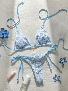 Swim Mod 女款夏季提花面料掛脖金屬裝飾性感比基尼套裝 - 藍白色 - 查看 2