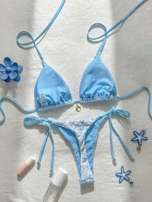 Swim Mod 女款夏季提花面料掛脖金屬裝飾性感比基尼套裝 - 藍白色 - 查看 3