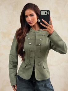 Aloruh Women's Autumn/Winter Vintage Suede Warm Jacket With Napoleon Button Decor, Fitted Waist Design - Army Green - View 4