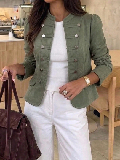 Aloruh Women's Autumn/Winter Vintage Suede Warm Jacket With Napoleon Button Decor, Fitted Waist Design