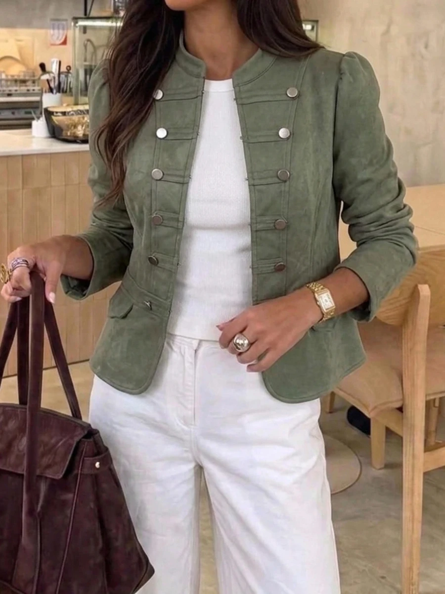 Aloruh Women's Autumn/Winter Vintage Suede Warm Jacket With Napoleon Button Decor, Fitted Waist Design