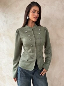 Aloruh Women's Autumn/Winter Vintage Suede Warm Jacket With Napoleon Button Decor, Fitted Waist Design - Army Green - View 7