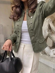 Aloruh Women's Autumn/Winter Vintage Suede Warm Jacket With Napoleon Button Decor, Fitted Waist Design - Army Green - View 8