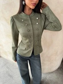 Aloruh Women's Autumn/Winter Vintage Suede Warm Jacket With Napoleon Button Decor, Fitted Waist Design - Army Green - View 6