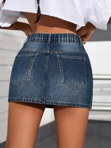 SHEIN CURVE+ Cowgirl Outfit Plus Size Women's Blue Non-Stretch Mini Skirt - Dark Wash - View 2