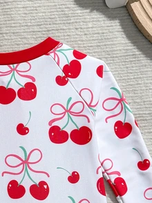 SHEIN Vintaside Kids 女婴可爱红白樱桃印花荷叶边长袖连体泳衣，带帽子，弹力舒适，适合夏季游泳 - 彩色 - 查看 5