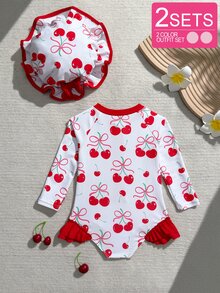 SHEIN Vintaside Kids 女婴可爱红白樱桃印花荷叶边长袖连体泳衣，带帽子，弹力舒适，适合夏季游泳 - 彩色 - 查看 3