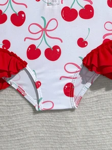 SHEIN Vintaside Kids 女婴可爱红白樱桃印花荷叶边长袖连体泳衣，带帽子，弹力舒适，适合夏季游泳 - 彩色 - 查看 6