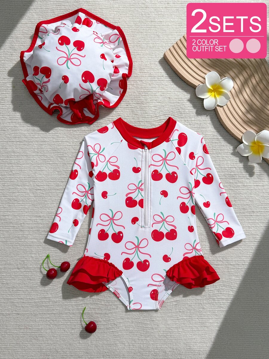 SHEIN Vintaside Kids 女婴可爱红白樱桃印花荷叶边长袖连体泳衣，带帽子，弹力舒适，适合夏季游泳