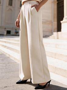 SHEIN Women's Solid Color Pleated Straight Leg Suit Pants, Versatile For Daily Commute - Apricot - View 4