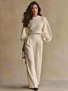 SHEIN Women's Solid Color Pleated Straight Leg Suit Pants, Versatile For Daily Commute - Apricot - View 1
