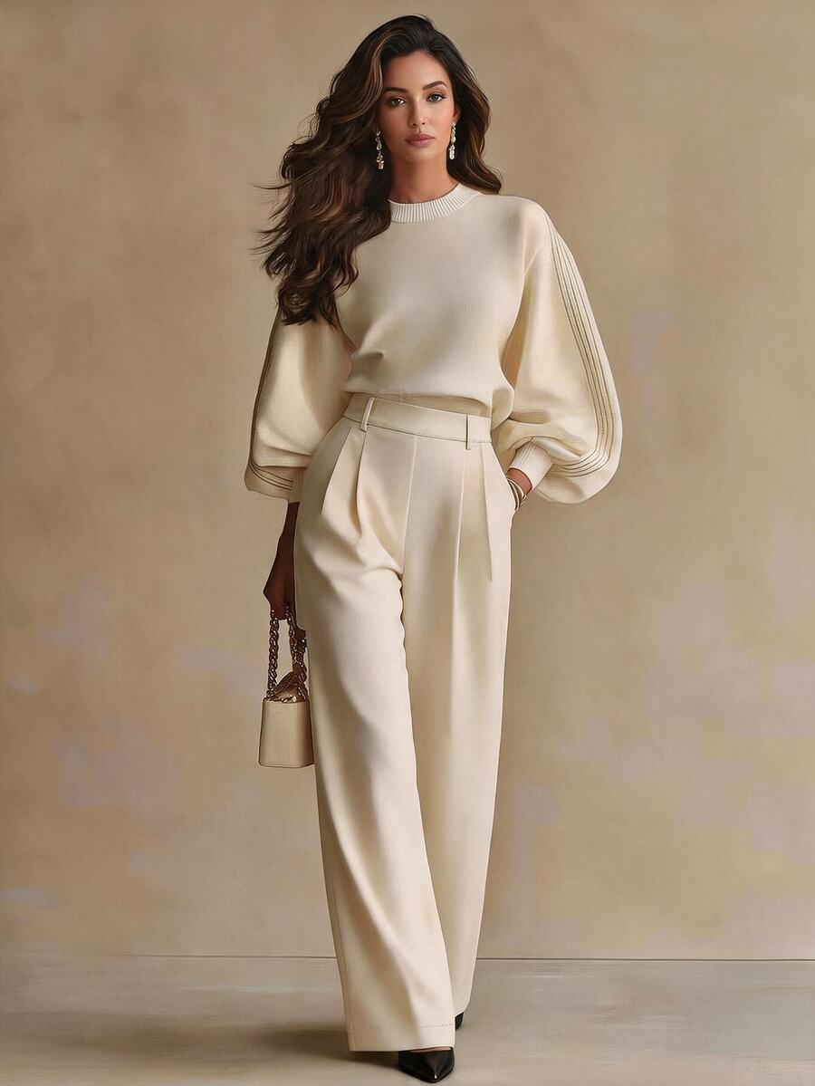 SHEIN Women's Solid Color Pleated Straight Leg Suit Pants, Versatile For Daily Commute - Apricot - View 1