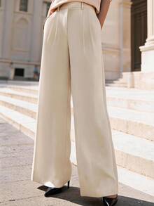SHEIN Women's Solid Color Pleated Straight Leg Suit Pants, Versatile For Daily Commute - Apricot - View 6