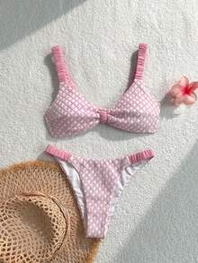SHEIN Swim 女士泳装套装，绿色粗肩带高衩比基尼泳裤，性感甜美，适合海滩度假，春夏皆宜，网眼面料 - 淺粉色 - 查看 2