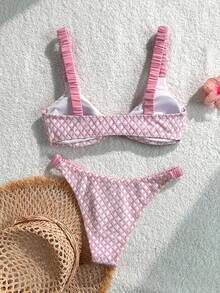 SHEIN Swim 女士泳装套装，绿色粗肩带高衩比基尼泳裤，性感甜美，适合海滩度假，春夏皆宜，网眼面料 - 淺粉色 - 查看 7