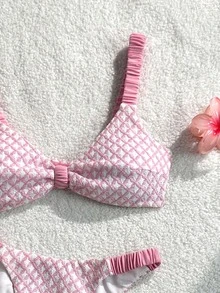 SHEIN Swim 女士泳装套装，绿色粗肩带高衩比基尼泳裤，性感甜美，适合海滩度假，春夏皆宜，网眼面料 - 淺粉色 - 查看 6