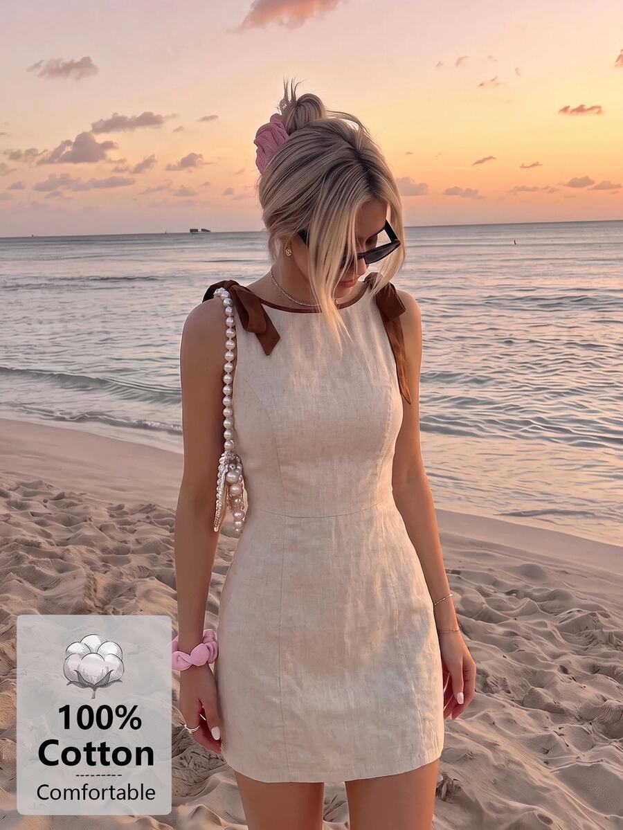 SHEIN MOD Women's Summer Elegant Bow Decor Sleeveless Mini Dress - Apricot - View 1