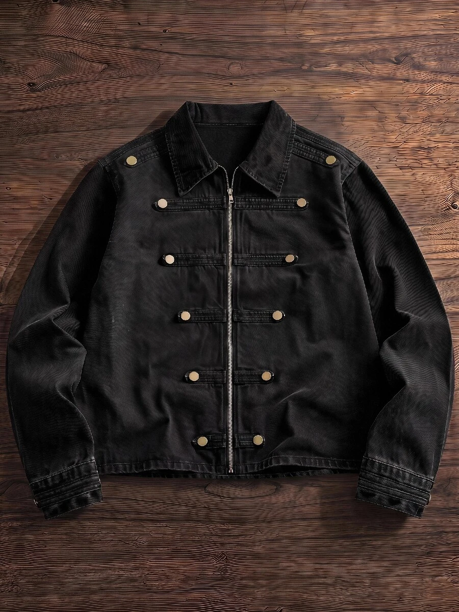 SWAVVY Men's Washed Lapel Black & Grey Jacket - Black - View 1