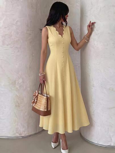 NOVVYNE Women's Pale Yellow Summer Elegant Holiday Vacation Midi Dress,Sleeveless Scallop Neck Button-Up Textured A-Line Cinched Waist Spring Dress