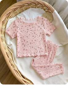 SHEIN Baby Girl Floral Print Top And Pants Pajama Set - Pink - View 3