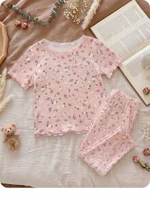 SHEIN Baby Girl Floral Print Top And Pants Pajama Set - Pink - View 1