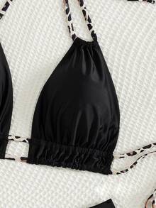 Swim Basics 女款夏季海灘拼接豹紋掛脖繫帶性感時尚比基尼兩件式泳衣套裝 - 彩色 - 查看 5
