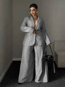 Maweii Plus Size Long Sleeve Business Casual Commute Office Fashion Suit Set - Grey - View 2