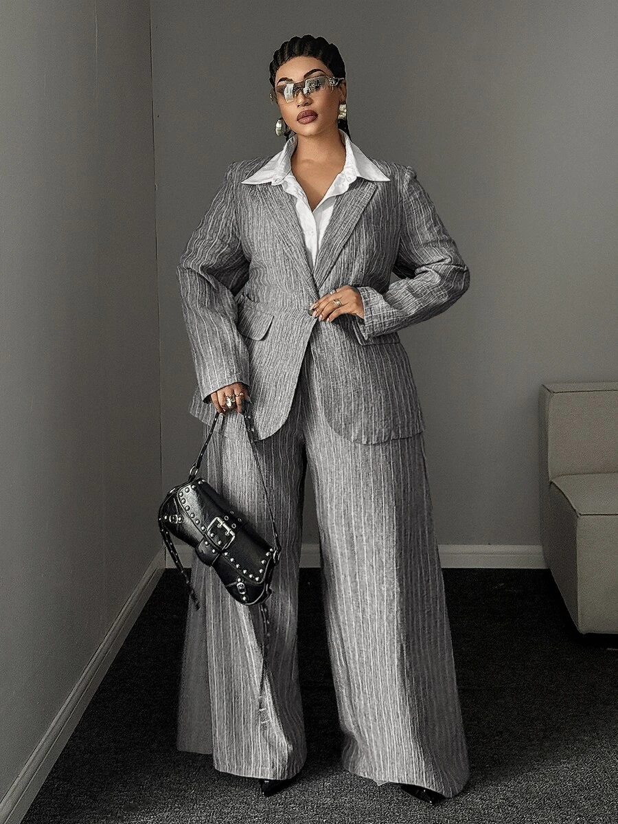 Maweii Plus Size Long Sleeve Business Casual Commute Office Fashion Suit Set - Grey - View 1
