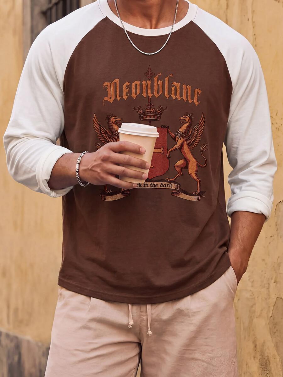 HIMLAND Men's Casual Colorblock Patchwork Printed T-Shirt, Autumn - Multicolor - View 1