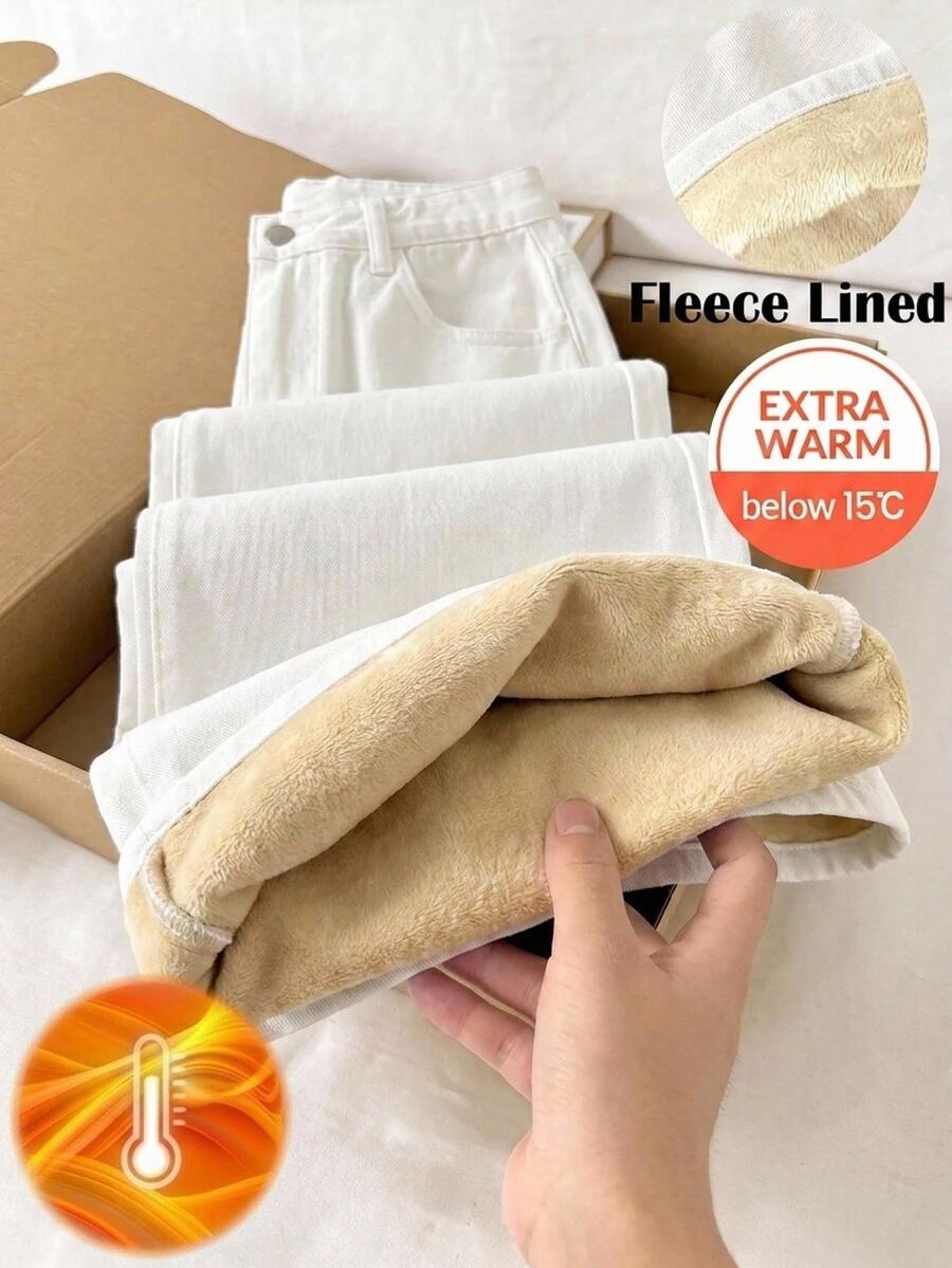SHEIN Teen Girls White Denim Fleece Lined Loose Fit Long Pants, Autumn/Winter - White - View 1
