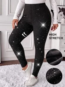 SHEIN LUNE 大尺碼時尚亮片高腰內搭褲 夜黑性感冬季服飾 - 黑色 - 查看 4