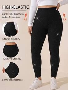 SHEIN LUNE 大尺碼時尚亮片高腰內搭褲 夜黑性感冬季服飾 - 黑色 - 查看 6