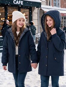 SHEIN Tween Girls Navy Blue Hooded Jacket For Zip Up Autumn,Casual School Fashion Woven Single-Breasted Solid Color Long Sleeve Floral Lining Decorative - Navy Blue - View 2