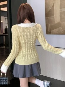 DAZY Sweater Kasual Wanita Lengan Panjang dengan Kerah Warna Kontras dan Kancing Setengah Plaket untuk Musim Gugur - Kuning - View 9