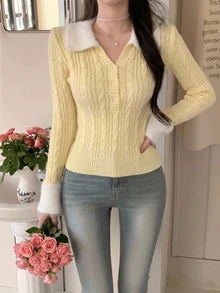 DAZY Sweater Kasual Wanita Lengan Panjang dengan Kerah Warna Kontras dan Kancing Setengah Plaket untuk Musim Gugur - Kuning - View 12