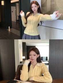 DAZY Sweater Kasual Wanita Lengan Panjang dengan Kerah Warna Kontras dan Kancing Setengah Plaket untuk Musim Gugur - Kuning - View 1