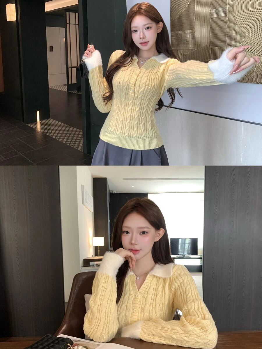 DAZY Sweater Kasual Wanita Lengan Panjang dengan Kerah Warna Kontras dan Kancing Setengah Plaket untuk Musim Gugur - Kuning - View 1