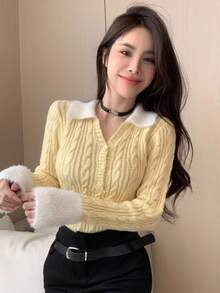 DAZY Sweater Kasual Wanita Lengan Panjang dengan Kerah Warna Kontras dan Kancing Setengah Plaket untuk Musim Gugur - Kuning - View 10