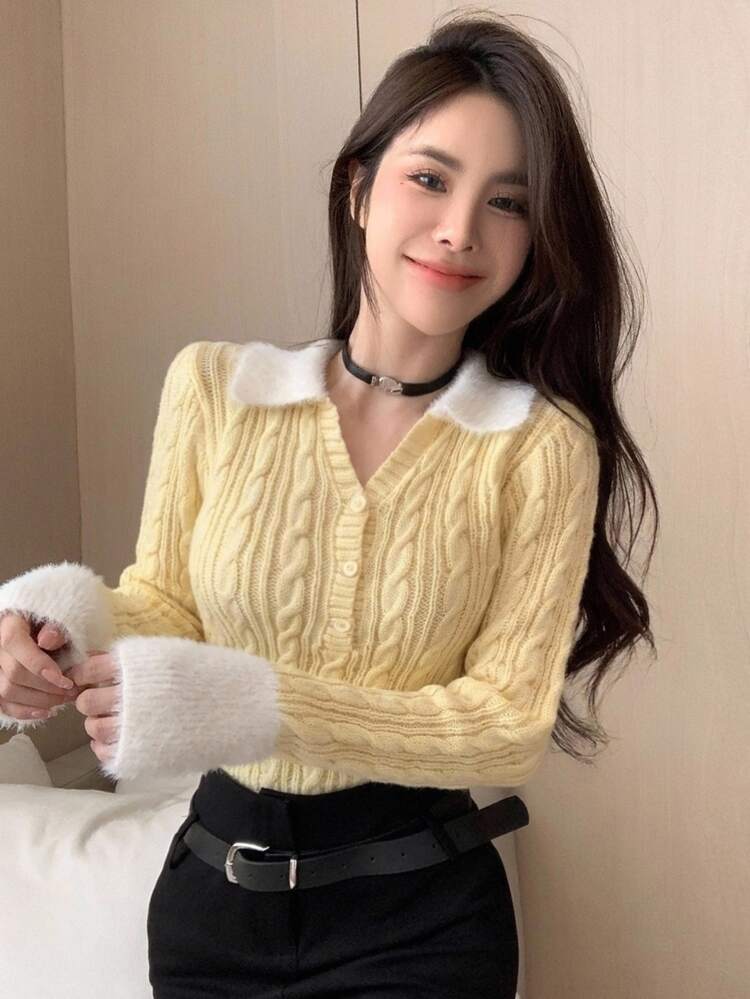 DAZY Women's Contrast Color Lapel Long Sleeve Button Half-Placket Casual Sweater Fall - Yellow - View 10
