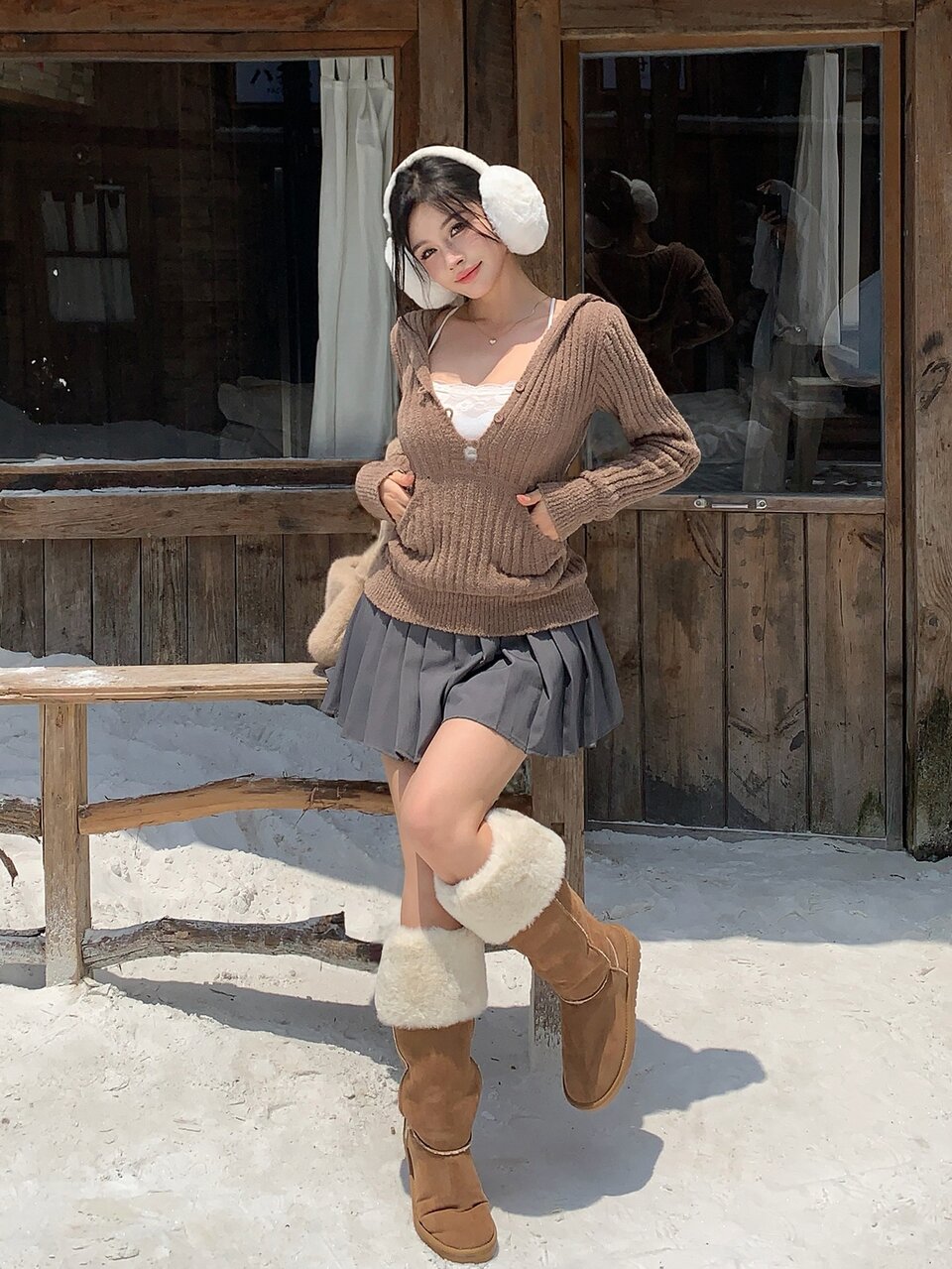 Women's Brown V-Neck Button-Up Knit Sweater, Slim Fit Waist, Sweet Style, Hooded, Suitable For Autumn/Winter, Dating And Commuting