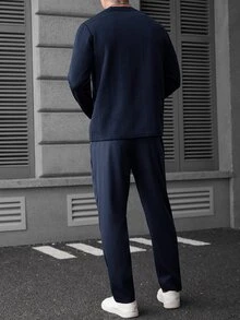 EGENSIO Men's Colorblock Crew Neck Long Sleeve T-Shirt And Pants Casual Set - Navy Blue - View 2
