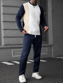 EGENSIO Men's Colorblock Crew Neck Long Sleeve T-Shirt And Pants Casual Set - Navy Blue - View 5