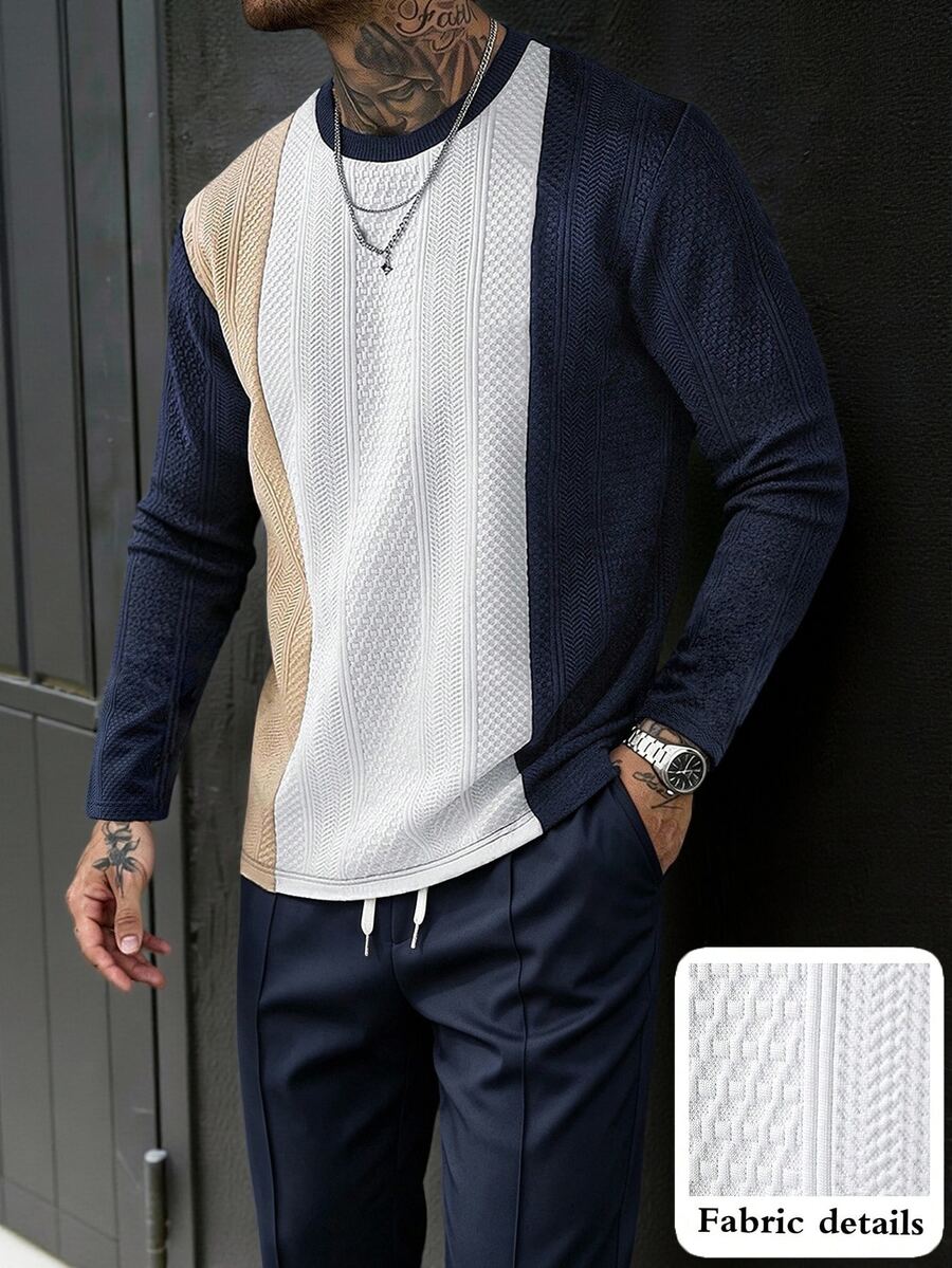 EGENSIO Men's Colorblock Crew Neck Long Sleeve T-Shirt And Pants Casual Set - Navy Blue - View 1