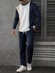 EGENSIO Men's Colorblock Crew Neck Long Sleeve T-Shirt And Pants Casual Set - Navy Blue - View 4